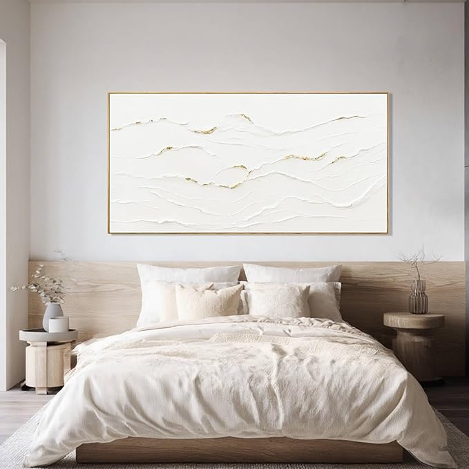 WINKAILIN Large Wavy Line White Abstract Wall Art with Frame Minimalist Modern Hand drawn Painting Textured Poster for Living Room Dining Room Bedroom Decor 29"x58"