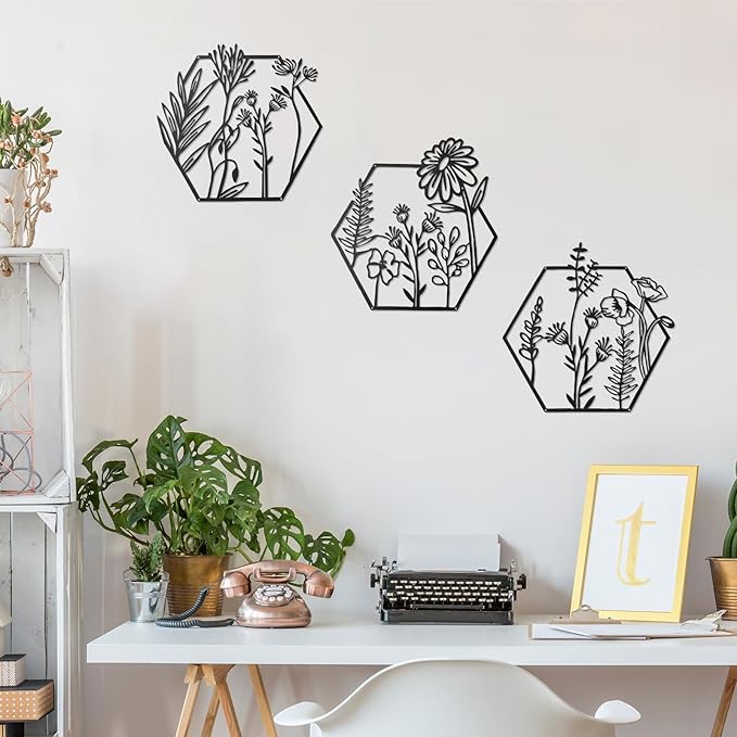 Peryiter 3 Pcs Metal Flower Wall Decor Minimalist Floral Wall Hanging Decor Metal Flower Rustic Floral Art for Spring Living Room Bathroom Kitchen Indoor Outdoor(Black)