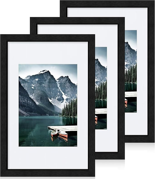 Hongkee 8x12 Black Picture Frames set of 3, Made of Wooden and Glass Photo frame - Displays 6x8 Picture with Mat or 8 x 12 Poster without Mat, Desktop & Wall Collage Frame set