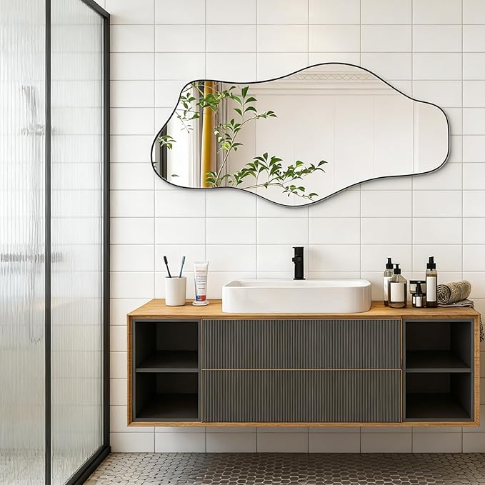 Irregular Frameless Mirror, 35.8"x17.7" Asymmetrical Tempered Glass Mirror, Modern Abstract Wall Mirrors for Living Room Bathroom Bedroom Hallway Entryway, Horizontal or Vertical Hanging