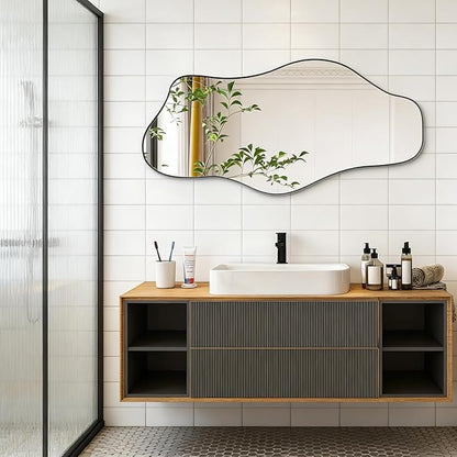 Irregular Frameless Mirror, 35.8"x17.7" Asymmetrical Tempered Glass Mirror, Modern Abstract Wall Mirrors for Living Room Bathroom Bedroom Hallway Entryway, Horizontal or Vertical Hanging
