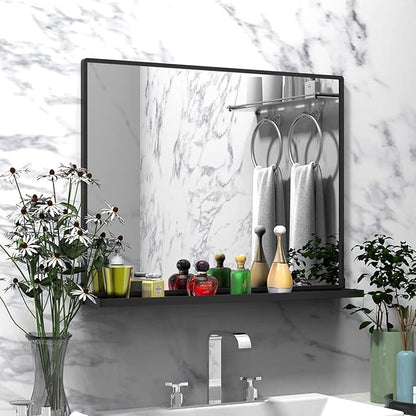 Wall Mirror with Shelf, Rectangle Bathroom Vanity Mirror for Wall, Bathroom Mirrors for Wall, Black Mirror for Bathroom Bedroom Entryway (32'' x 24'')