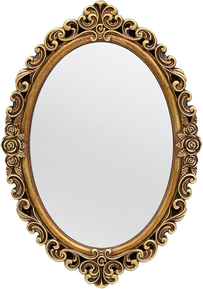 OIGUMR Small Oval Wall Mirror Resin Frame Size：15 x 10.7 inch.Vintage Hanging Mirrors for Bedroom Living-Room Dresser Decor Gold