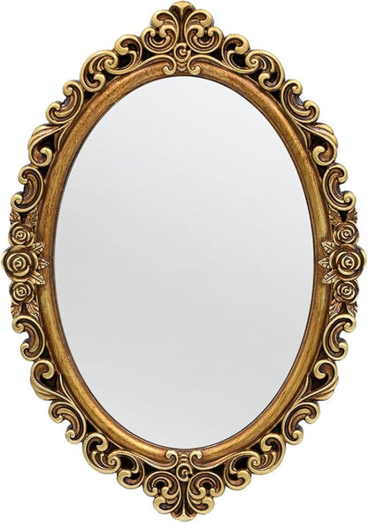 OIGUMR Small Oval Wall Mirror Resin Frame Size：15 x 10.7 inch.Vintage Hanging Mirrors for Bedroom Living-Room Dresser Decor Gold