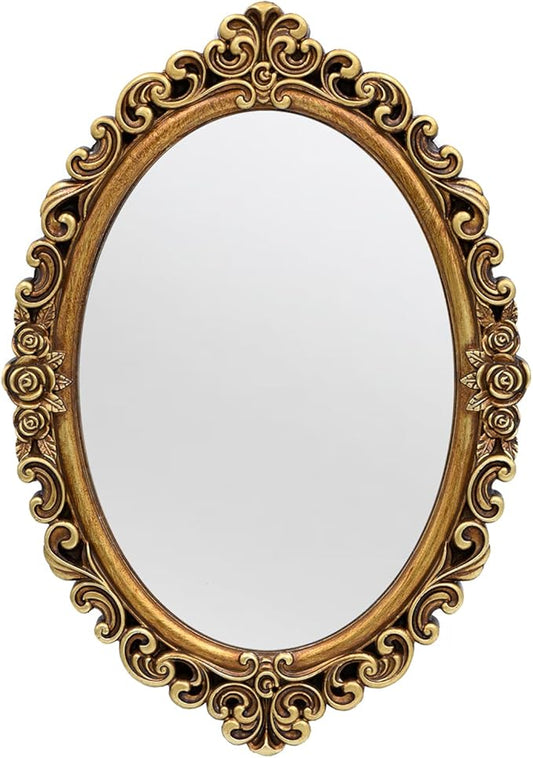 OIGUMR Small Oval Wall Mirror Resin Frame Size：15 x 10.7 inch.Vintage Hanging Mirrors for Bedroom Living-Room Dresser Decor Gold