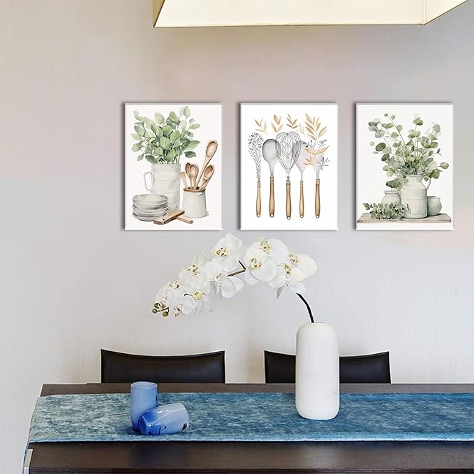 AOYUSMO 3 Piece Canvas Wall Art Kitchen Wall Art Sage Green Pictures Botanical Paintings Farmhouse Artwork Eucalyptus Nature Art Prints for Dining Room 12"x16"