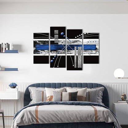 YPY Large Black Blue Canvas Wall Art - 4 Panels Modern Abstract Picture Set for Home Decoration - Contemporary Painting Artwork Ready to Hang Living Room Bedroom W48 x H36