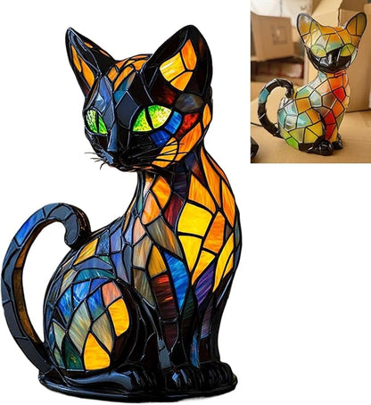 Cat Lamp, Stained Glass Cat Lamp, Decorative Resin LED Night Light for Cat Lovers, USB Vintage 3D Table Lamp Cozy Glow for Desk & Mantel – Fun Gift for Pet Owners (Little Kitten)