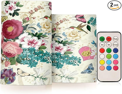 Beautiful Spring Flowers Butterflies Hummingbirds Flickering Flameless Candles Battery Operated with Remote Timer,Tea Light Candles LED Pillar Votive Candles set of 2 for Outdoor Indoor Decorations