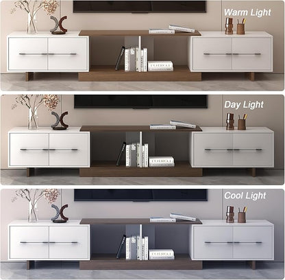 Extendable TV Stand, Modern TV Console for Up to 120 Inch TV, Entertainment Center with 4 Large Drawers & Open Shelf, Media Console for Living Room - White & Walnut (Extendable 74.80"-102.36")