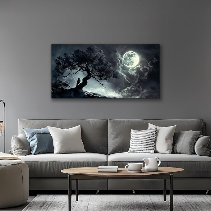 SERIMINO Large Wall Art for Living Room, Dark Landscape Canvas Prints Paintings, Moonlit Night Pictures Wall Decor Aesthetic, Moon and Tree Modern Home Decor Bedroom Bathroom Office Artwork 24"X48"