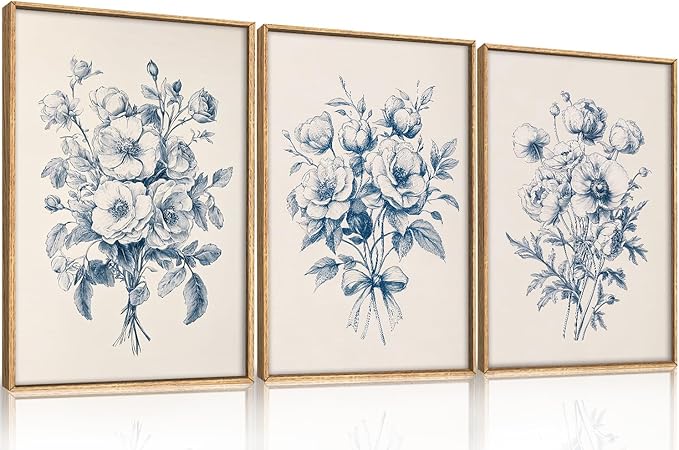 KAIRNE Navy Blue Floral Framed Canvas Wall Art Set,Vintage Botanical Flower Wall Decor,Modern Minimalist Bouquet Art Prints,Neutral Rose Artwork for Living Room,Bedroom,Farmhouse,Office-24 x36 x3
