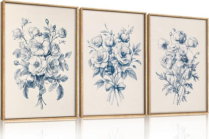 KAIRNE Navy Blue Floral Framed Canvas Wall Art Set,Vintage Botanical Flower Wall Decor,Modern Minimalist Bouquet Art Prints,Neutral Rose Artwork for Living Room,Bedroom,Farmhouse,Office-24 x36 x3