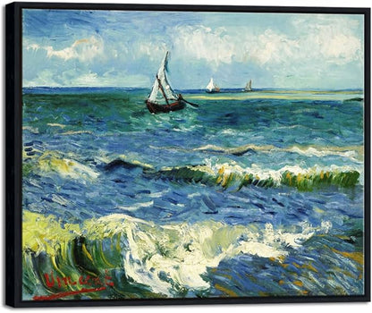Wieco Art Black Framed Art Seascape at Saintes Maries by Vincent Van Gogh Oil Paintings Reproduction Modern Canvas Prints Sea Pictures on Canvas Wall Art for Living Room Home Deco