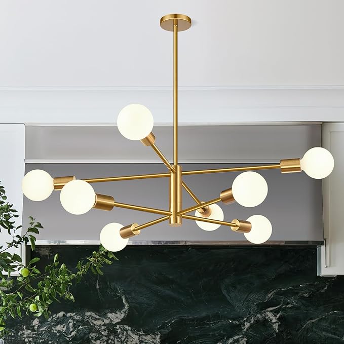 10.9"-52.3" Height Adjustable Modern Chandelier Ceiling Light Fixture, 8-Light Sputnik Chandeliers Brushed Gold Mid Century Chandelier Over Table, Chandeliers for Dining Room (Bulbs Not Included)