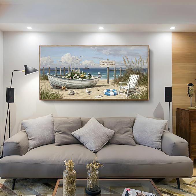 Large Framed Modern Canvas Wall Art, Natural Coastal Beach Landscape Print, Blue Seaside Scenery Decor Painting For Living Room Bedroom Dining Room Study Room, Ready To Hang 48X24 Inch