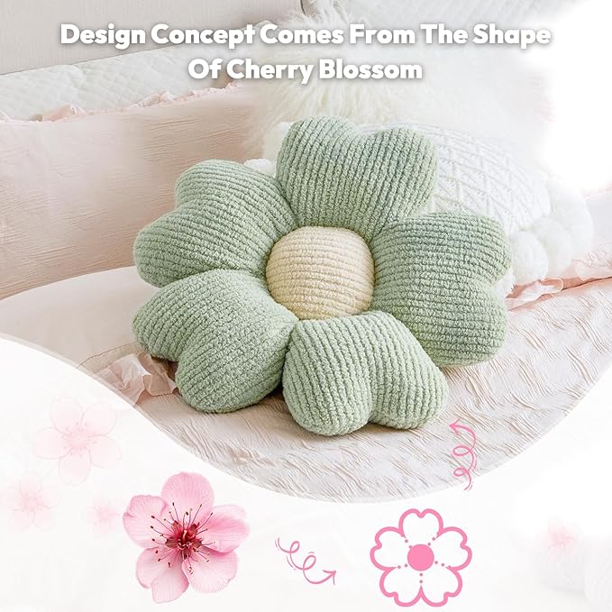 Sioloc Flower Throw Pillow, Flower Shaped Pillow, Floor Pillow, Seat Cushion, Cute Aesthetic Pillow as Room Decor, Decorative Pillows for Bed Sofa Couch(Green,19.7Inch)