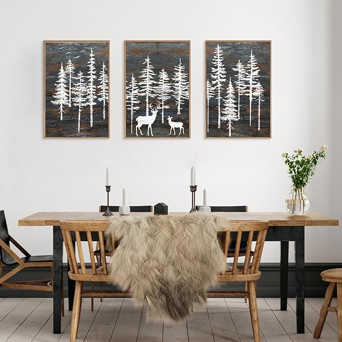 Modern White Forest Framed Canvas Wall Art Set, Minimalist Woodland Art Painting, Retro Tree Landscape Wall Decor, Wildland Deer Artwork for Living Room, Dining Room, Office-16 x24 x3