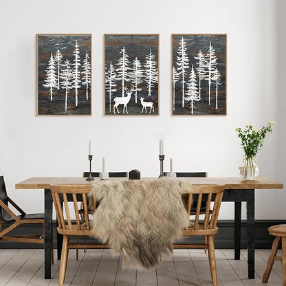 Modern White Forest Framed Canvas Wall Art Set, Minimalist Woodland Art Painting, Retro Tree Landscape Wall Decor, Wildland Deer Artwork for Living Room, Dining Room, Office-16 x24 x3