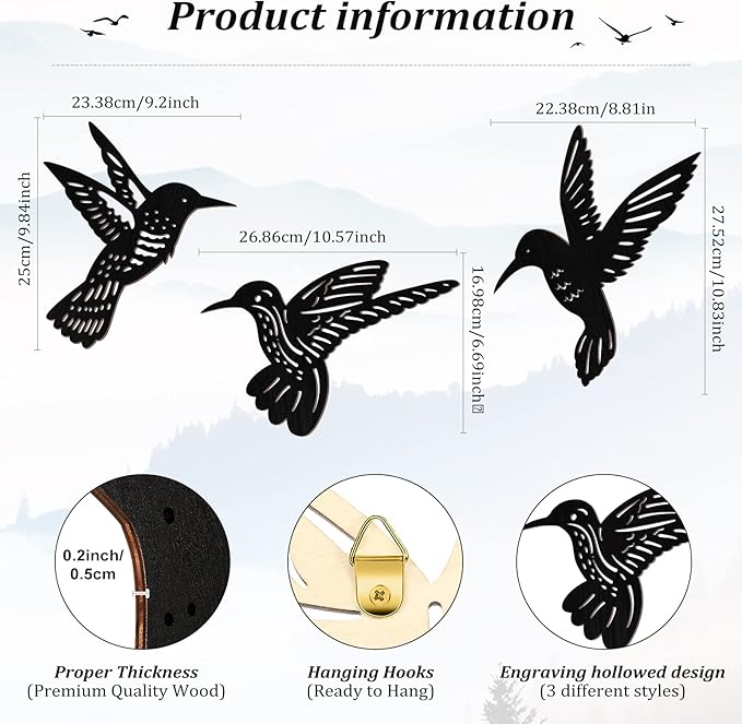 3 Pieces Wood Hummingbird Wall Art Decor 9 Inch Hummingbird Wall Decorations Black Bird Outdoor Art Hanging for Garden Balcony Fence Indoor Kitchen Modern Farmhouse Rustic Home Bedroom Office