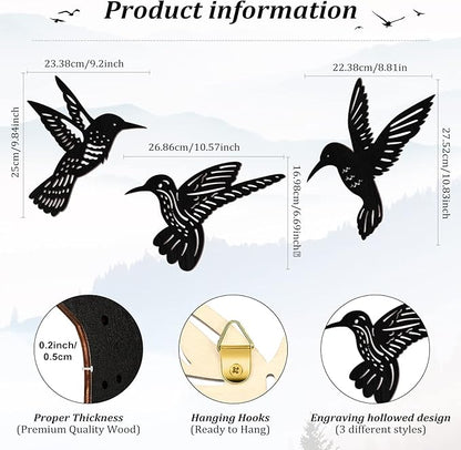 3 Pieces Wood Hummingbird Wall Art Decor 9 Inch Hummingbird Wall Decorations Black Bird Outdoor Art Hanging for Garden Balcony Fence Indoor Kitchen Modern Farmhouse Rustic Home Bedroom Office