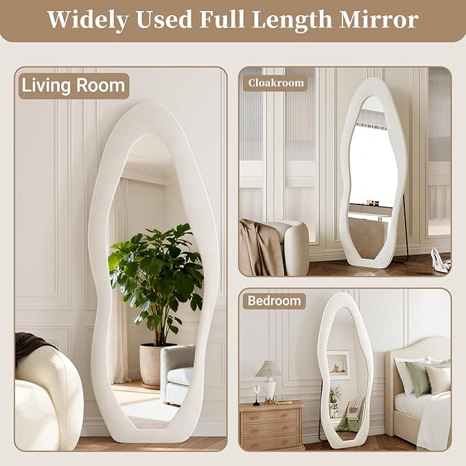 Full Length Mirror, 71"x30" Full Body Mirrors, Flannel Floor Mirrors with Stand, Irregular Wavy Mirror Hanging or Leaning Against Wall for Bedroom Living Room, Beige