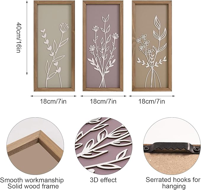 pechpell Set of 3 Wooden 3D Flower Wall Art Wood Framed, 15.7×7.1 Inch Floral Boho Wall Decor, Rustic Farmhouse Home Artwork for Bedroom Bathroom Living Room Kitchen Decorations