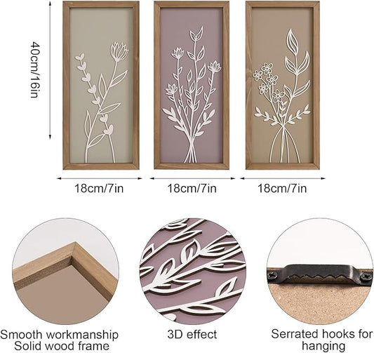 pechpell Set of 3 Wooden 3D Flower Wall Art Wood Framed, 15.7×7.1 Inch Floral Boho Wall Decor, Rustic Farmhouse Home Artwork for Bedroom Bathroom Living Room Kitchen Decorations