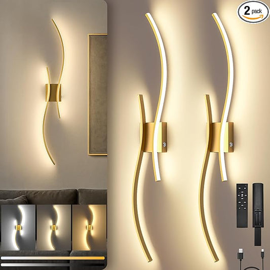 Battery Operated Wall Sconces Set of Two, 10000mAh Rechargeable Modern Wall Lights with Remote Control, Dimmable Gold LED Cordless Lighting for Living Room, Bedroom, Hallway, 31.5 Inch, 3CCT