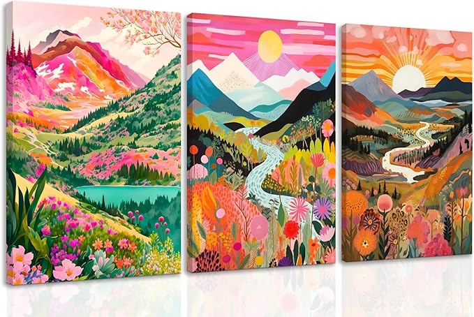 DUWQU 3 Piece Colorful Watercolor Mountain Canvas Wall Art Boho Floral Painting Picture Wall Decor Abstract Nature Landscape Poster Print Artwork for Living Room Bedroom Bathroom Office 16x24 Inches