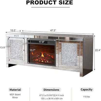 IKIFLY Mirrored Fireplace TV Stand, Mirrored Media Entertainment Center for TV up to 55 inch, Silver TV Console Table Mirrored Furniture for Living Room
