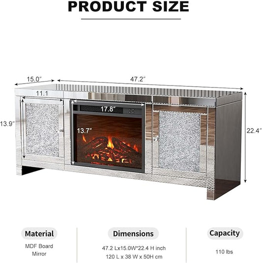 IKIFLY Mirrored Fireplace TV Stand, Mirrored Media Entertainment Center for TV up to 55 inch, Silver TV Console Table Mirrored Furniture for Living Room