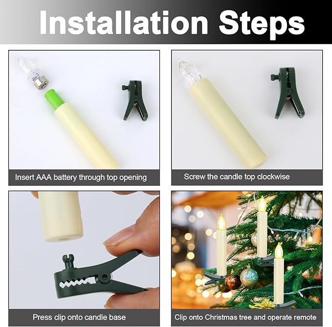 TECHLONG 20 PCS Flickering Christmas Tree Candle Lights, Clip on Candles for Christmas Tree Battery Operated with Remote Timer, Flameless LED Window Candles for Home Christmas Party Decoration