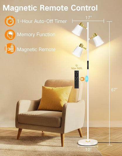 OUTON Tree Floor Lamp, LED Dimmable Floor Lamp with Remote and Touch Slide Control, 4 Color Temperatures, 3 Rotatable Lights, Modern Standing Lamp for Living Room Bedroom Office, Bulbs Included,White