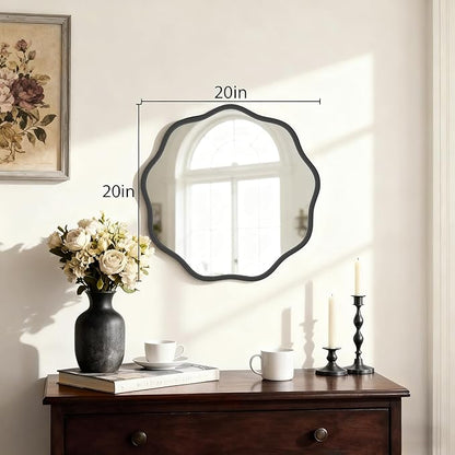 HOMECOOKIN 20" Wavy Round Wall Mirror, Black Scalloped Circle Mirror Edge Round with Metal Frame, Modern Decorative Hanging/Leaning Mirrors for Bathroom, Hotels, Hallway, Entryway, Vanity, Office
