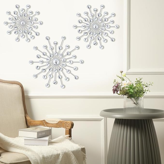 Barydat 6 Pcs Metal Starburst Wall Decor Bling Crystal Wall Art Rhinestone Sunburst Home Decoration No Punch Starburst Hanging Diamond Accents for Living Room Bedroom(25cm, 20cm, 15cm,Silver)