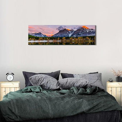 Sunset Landscape Canvas Wall Art for Living Room Wall Decor Snow Mountain Forest River Nature National Park Scenery Picture Prints Framed Artwork for Bedroom Bathroom Office Home Decoration 14x48"