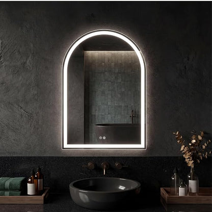 DUMOS 24"×32" LED Bathroom Mirror with Lights, Arched Vanity Mirror with Anti-Fog, Dimmable, 3-Color Light, Memory Function, Front Light and Backlit, Tempered Glass