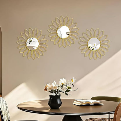 3 Pack Metal Mirrors for Wall Sunburst Wall Mirrors Home Décor Decorative Hanging Wall Art for Living Room Bedroom Entryway (Gold2, Flowers)