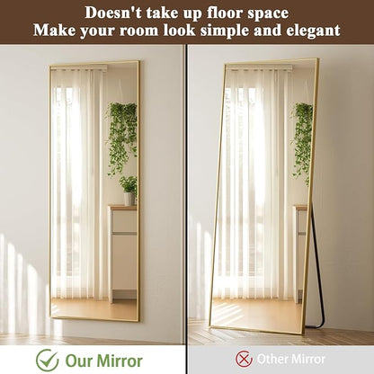 VooBang 14" x 48" Adjustable Height Over The Door Mirror - Rectangular Full Length Hanging Door Mirror with Shatterproof Tempered Glass Gold Metal Frame for Dormitory