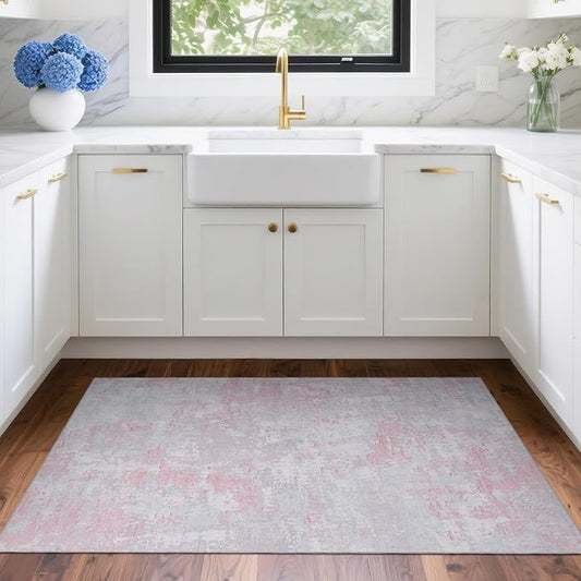 ROYHOME Modern Abstract 2x3 Area Rug Non Slip Non Shedding Low Pile Stain Resistant Rug for Entryway Kitchen Bedroom,Grey Pink
