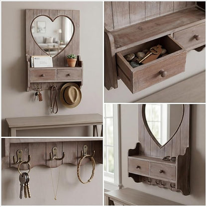 Rustic Farmhouse Wooden Entryway Mirror with Shelf and Hooks, 16"x24" Heart Shape Wood Frame Wall Mirror with Storage Drawer (Distress Brown)