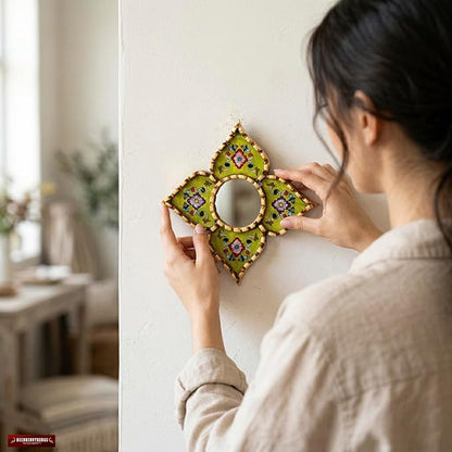 Small Green Peruvian Mirrors for wall Holiday – Diamond/Square Shape wall Artisan Mirror in Painted Glass with Gold Leaf Frame (Lime Green)