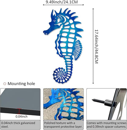 LiveInUrban Coastal Wall Art Seahorse Metal Wall Sculptures, Ocean Beach Themed Metal Hanging Home Decoration 15.8"x12.1"