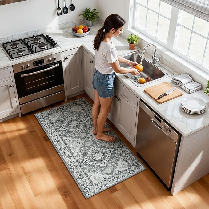 Lessymo 2 x 4 Entryway Rug, Machine Washable Area Rugs Boho Faux Wool Low Pile Area Rug for Bedroom, Floral Medallion Vintage Outdoor Rugs with Non-Slip Rubber, Grey Beige