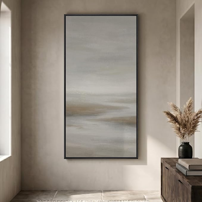 Large Framed Neutral Abstract Wall Art, Modern Vertical Canvas Prints Paintings Artwork for Walls, Grey Brown Minimalist Landscape Pictures Wall Decor for Hallway Living Room Dining Room, 30x60 In