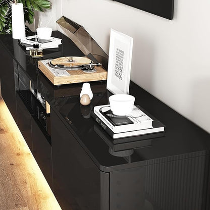 70” LED TV Stand, High Gloss TV Stand with Lights, Modern Glossy Media Console with 4 Drawers & Shelf, Entertainment Center for Living Room Black, 14.5”D x 70.8”W x 17.3”H