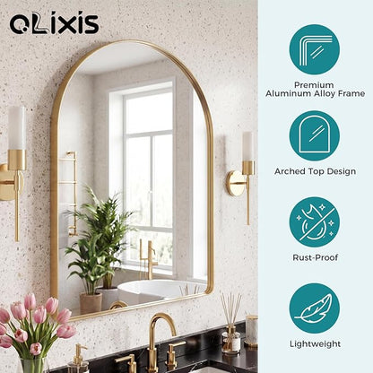 OLIXIS Arched Bathroom Mirror for Over Sink, 36x24 Inch Wall Mirror Arched Rounded Rectangle, Modern Wall Mount Vanity Mirror with Matte Metal Deep Framed, for Home Decor, Living Room, Gold