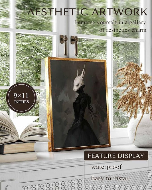 VIYYIEA Framed Canvas Wall Art Home Decor Gothic Room Decor Prints, Vintage Rabbit Lady Wall Decor, Aesthetic Dark Academia Easter Wall Pictures Gold Framed Goth Artwork 9x11in