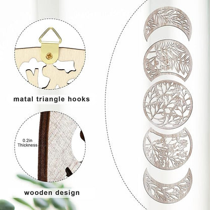 Jetec 5 Pcs Moon Phase Wall Art Decor Wall Pediments Hanging Wooden Phase Spiritual Bedroom Nordic Boho Lunar Aesthetic Art for Living Room Dorm Apartment Ornament(Vintage Color,10.6 Inch,Botanical)